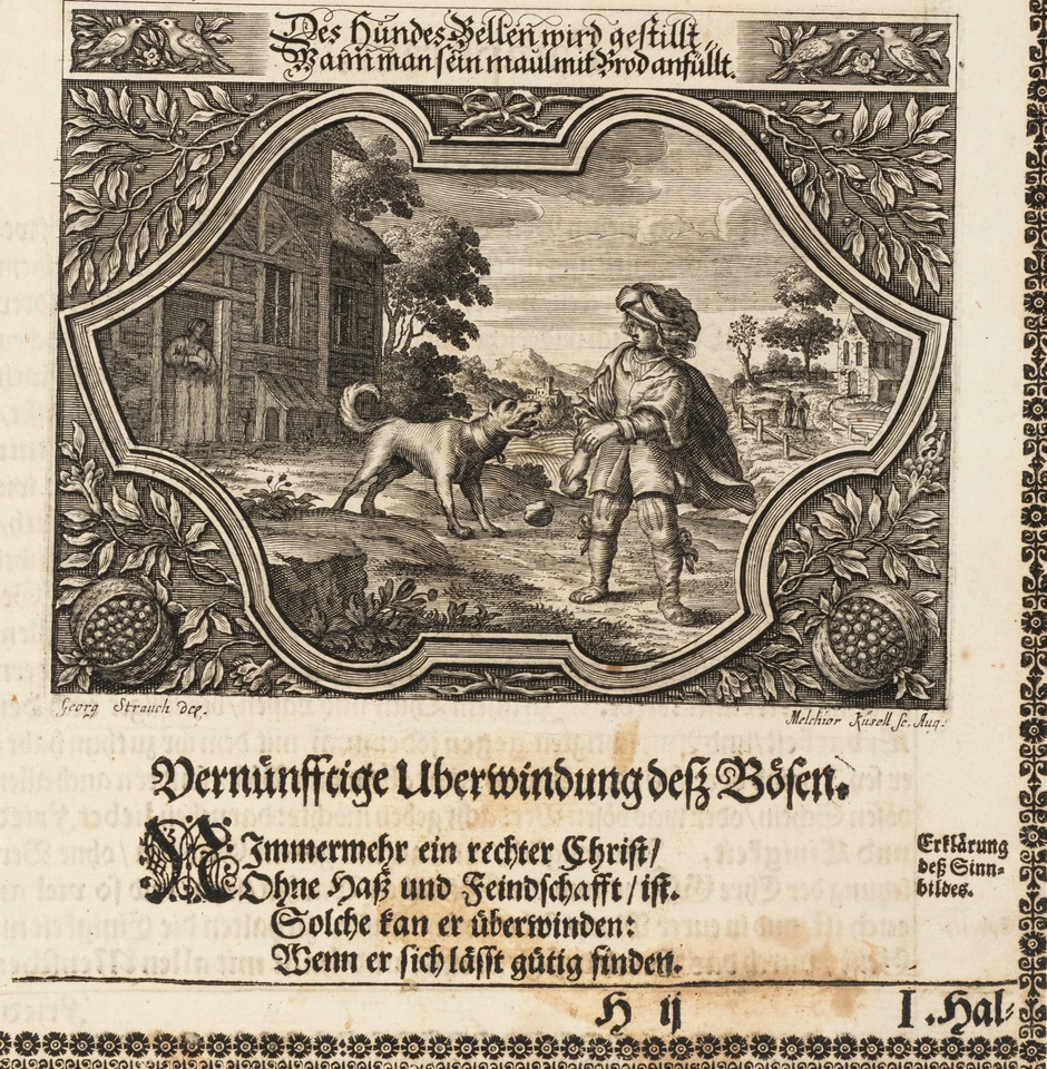 KÜSELL (*1626) nach STRAUCH (*1613), Emblem. Bändigen eines wilden Hundes, KSt. - Bild 1 von 4