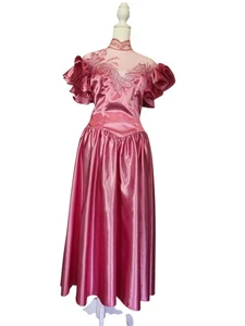 Eve of Milady VTG 80s Fuchsia Pink Satin & Lace Formal Dress w Ruffle Sleeve S/M - Picture 1 of 15