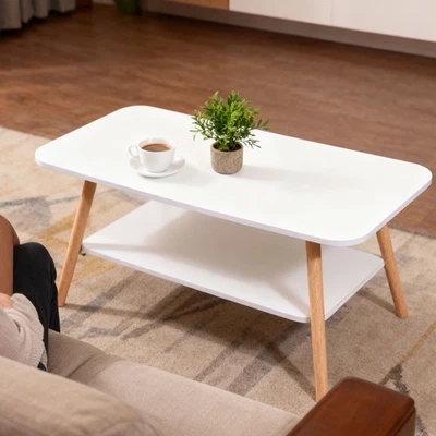 FASHION-HOME-UK 2 Layer Coffee Table Square Tea Table Modern Living Room Desk W/ Storage Shelf