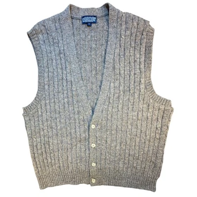 Lands End Mens sz L Shetland Wool Cable Knit V Neck Vest Sweater Gray Scotland - Image 1 of 4
