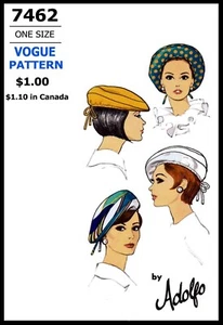 Vogue 7462 Pattern Designer ADOLFO BERET Hat Cap - Picture 1 of 4