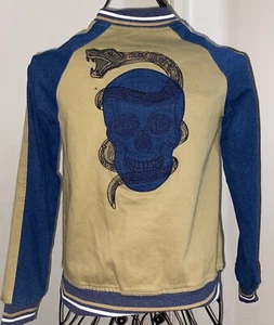 Epic Threads Boys Letterman Bomber Jacket  Skull Snake Denim Khaki~Size M~NWT - Picture 1 of 4