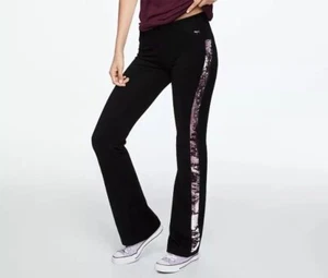 VS VICTORIAS SECRET PINK YOGA FLARE PANT TIGHT LEGGING SWEATS BLACK BLING S - Picture 1 of 4