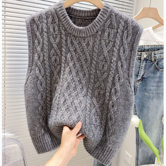 Womens Cable Knitted Vest Ladies Sleeveless Jumper Sweater High