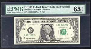 FR. 1925-L* 1999 $1 *STAR* FRN SAN FRANCISCO, CA PMG GEM UNCIRCULATED-65EPQ - Picture 1 of 2