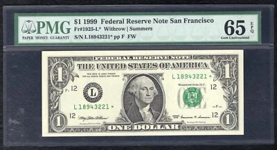 FR. 1925-L* 1999 $1 *STAR* FRN SAN FRANCISCO, CA PMG GEM UNCIRCULATED-65EPQ - Image 1 of 2