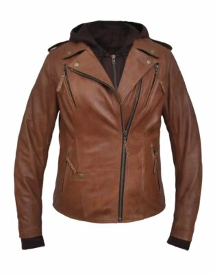 Women's Brown Super Soft Leather Jacket w/Removable Hoodie - Image 1 of 2