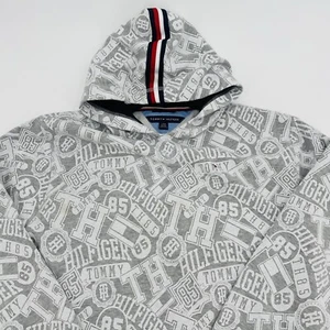 Tommy Hilfiger Pullover Hoodie Youth Large 16-18 Gray All Over Print Logo TH - Picture 1 of 8