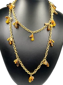 Vintage Joan Rivers Amber Glass Color Bead Dangle Gold Tone Chain Necklace Long - Picture 1 of 13