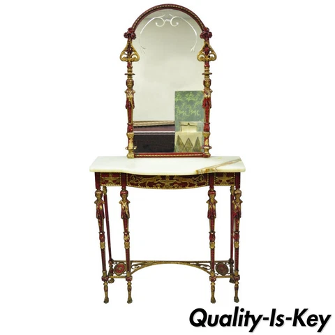 Oscar Bach Attr. Bronze and Onyx Top Red Console Hall Table with Figural Mirror Cover