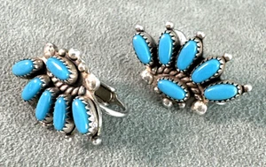 Vintage CLIP Turquoise Needlepoint Earrings Sterling Silver Rain Drops Rope Edge - Picture 1 of 9
