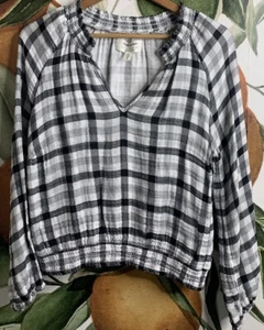 Blusa de manga larga blanca y negra a cuadros mediana Cloth and Stone Anthropologie - Imagen 1 de 6