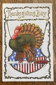 American PATRIOTIC Turkey Antique Thanksgiving Vtg Embossed Glitter Postcard! - Picture 1 of 3