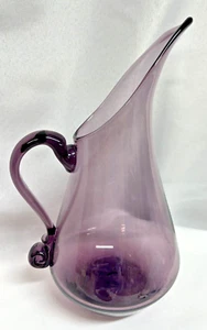 VTG Purple Amethyst Swung Pitcher 10” Art Glass Handled Stretched Hand Blown - Picture 1 of 11