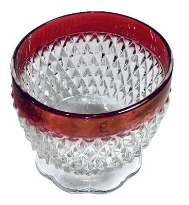 Vintage Indiana Glass Ruby Red Trim Diamond Point Sugar Bowl - Image 1 of 4