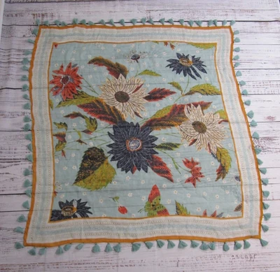 Spartina 449 Blue Multi Color Floral Tassel Scarf Sarong Pareo Linen Blend 43x40 - Image 1 of 4