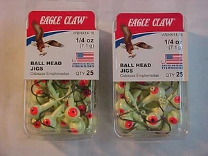 50 NEW EAGLE CLAW 1/4 OZ LEAD JIG ball HEADS SIZE 1 hooks FISHING glow white - Picture 1 of 3
