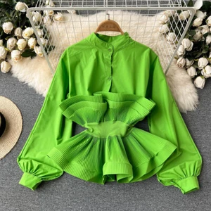 Women Long Sleeve Shirt Chic Pleated Ruffled Spring Casual Button Blouse Top - Picture 1 of 14