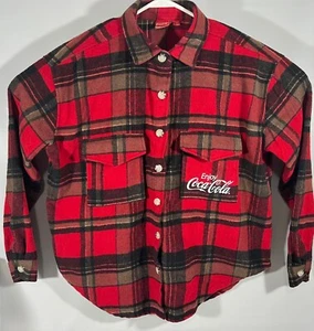 Coca Cola Red/ Black Plaid Flannel Shacket Shirt L Wool Blend Unisex Lumberjack - Picture 1 of 9