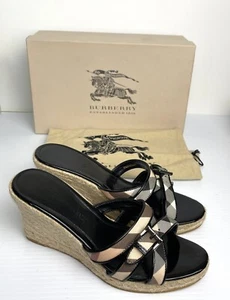 Burberry Nova Check Damen-Espadrille-Sandalen Leder Keilabsatz 3,25 Zoll Höhe Größe 8 mit Karton - Bild 1 von 19