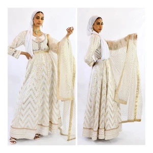 Indian Pakistani Wedding long Nikkah WHITE dress Maxi gown readymade potli bag M - Picture 1 of 2