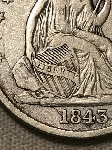 1843 Seated Liberty half dollar, cool die break, VF, scarce date Cover