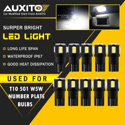 10PC AUXITO 501 T10 W5W LED LIGHT BULBS 12V 6000K SUPER BRIGHT ERROR FREE CANBUS - Image 1 of 4