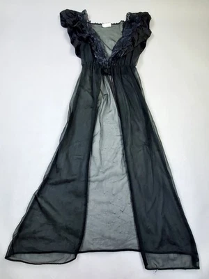 Bata Peignoir de gasa transparente de los años 50 y 60 Cinta Abullonada Manga Volantes Encaje Nylon Foto 1 de 4