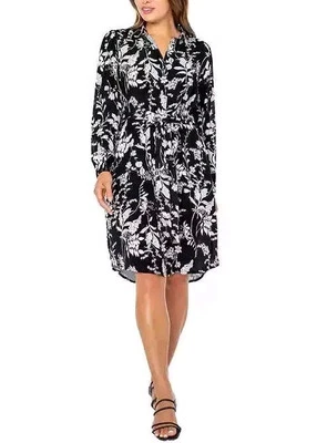 Vestido Para Mujer Bien Usado, Botón Crepé Cinturón Manga Larga, Medio Estampado Negro Nuevo Foto 1 de 4