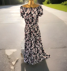BLACKBERRY Women's Navy Floral Shirred Waist Bardot Maxi Dress One Size 10-14 - Picture 1 of 16