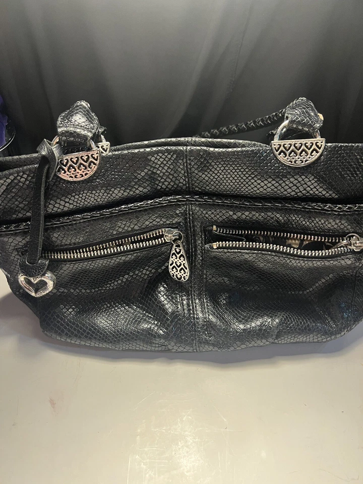 BRIGHTON Black Leather Snake Embossed Satchel Shoulder Bag Purse Silver Accents  - Image 1 of 4