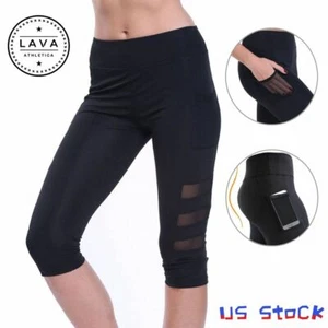 LAVA Women Capri Yoga Workout Running Gym Sport Pants Leggings Fitness Mesh S-XL - Picture 1 of 13