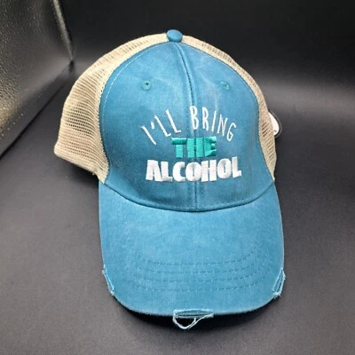 “I’ll Bring the Alcohol” Embroidered Blue Hat Cap Mesh SnapBack Distressed NWT - Image 1 of 4
