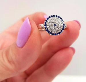 Blau Weiß Zirkonia Kristalle Böser Blick Schutz Ring 925 Sterling Silber - Bild 1 von 9