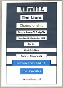MILLWALL v PRESTON NORTH END 28.09.24 CHAMPIONSHIP PROGRAMME - Picture 1 of 3