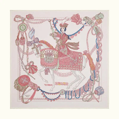 Hermes 围巾 Stole Le Timbalier 动物淡粉色丝绸女式正品全新 Carre 90 — 第 1/4 张图片