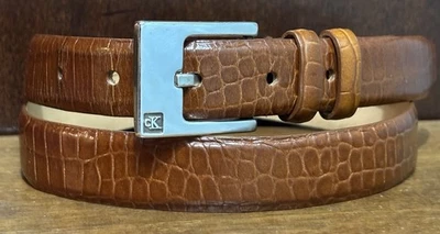 VTG Calvin Klein Brown Croc Embossed Leather Belt Sz XL/33-34 1”Wide Logo Bkl VG - Image 1 of 4