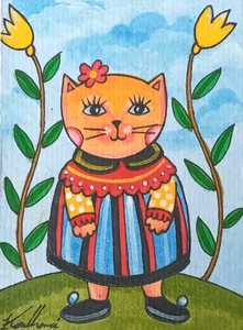 ACEO Original Cute Pussy Cat Acrylic Hand Painting OOAK - Freeshipping - Picture 1 of 2