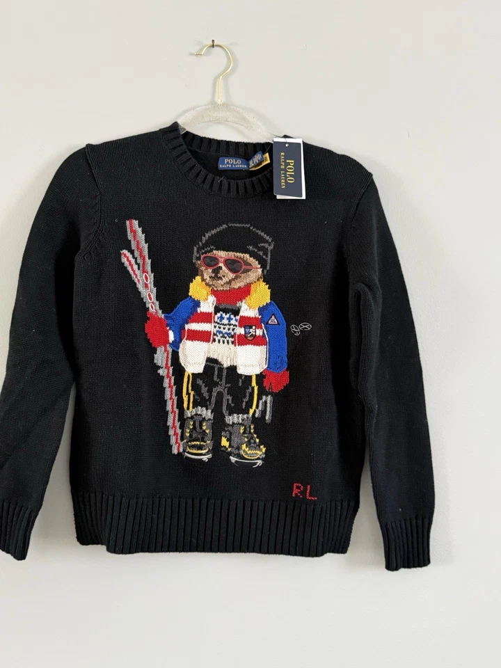 NUEVO CON ETIQUETAS Ralph Lauren Esquí Polo Oso Suéter Negro Tejido Algodón Bordado Pequeño Foto 1 de 1