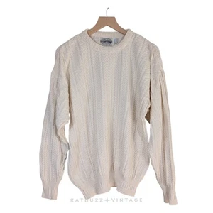 Vintage Chunky Knit Sweater Mens L 90s Cream Cable Classic Dad Fisherman Cream - Picture 1 of 11