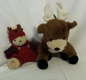 Lot Of 2 Christmas Stuffed Animals Teddy Bear 6 3/4" & Reindeer 9 3/4" Toy Gifts - Picture 1 of 7