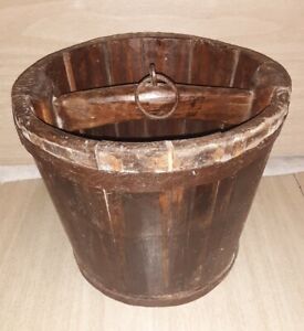 Rustic Wooden Water Well Bucket Metal Bands/Built-in Handle/Jump Ring Suspension