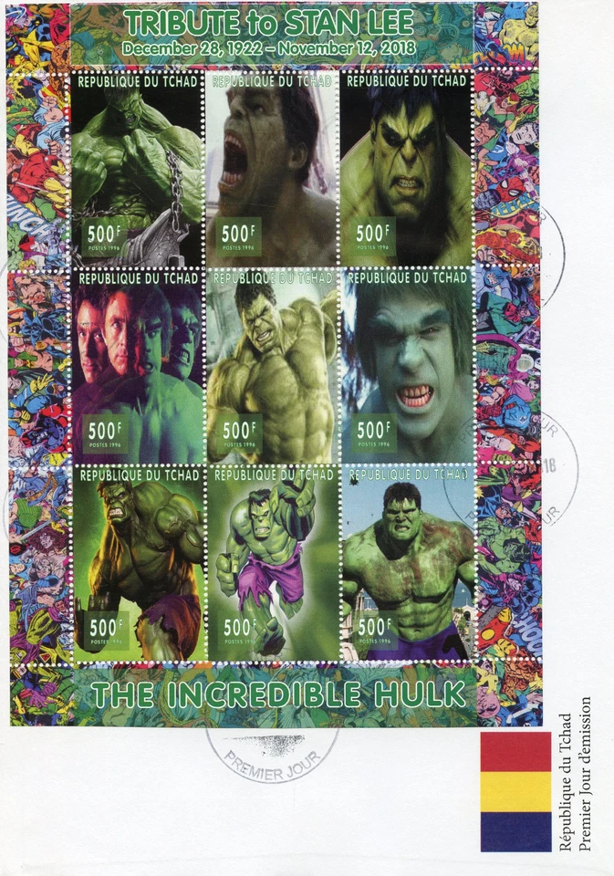 Chad 2018 FDC Hulk Stan Lee Superheroes 9v M/S Cover Comics Movies Stamps - Image 1 of 1