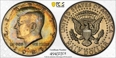 MS66 1987-D 50C Kennedy Half Dollar, PCGS Trueview- Rainbow Album Toned - Image 1 of 4