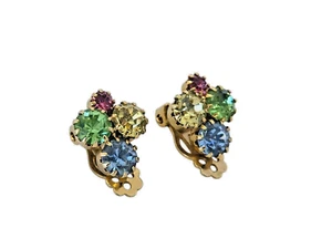 Vintage Gold Tone Pastel Dogtooth Prong Set Rhinestone Clip Earrings - Picture 1 of 5