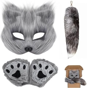 Furry Fox Cat Mask & Tail Set - Therian Paws Halloween Costume for Adults Gray - Picture 1 of 9