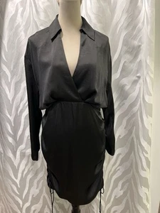 NWT Zara Black Satin Effect Rucheded Tie Sides Long Sleeve Faux Wrap Dress L - Picture 1 of 9