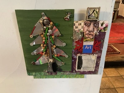 Mixed Media Assemblage Christmas Tree Wall Hanging Art . Hand Made - Image 1 of 4