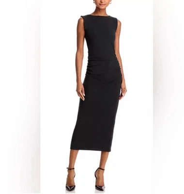 NWT Veronica Beard Sz Medium Charissa Midi Dress Black Ruched Stretch Sleeveless - Image 1 of 4