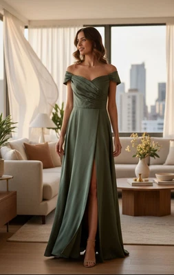 New with Tags – Muted Green Off-the-Shoulder Corset Gown (Size 4) - Image 1 of 3